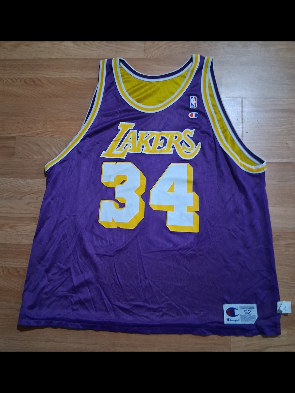 Shaq Oneal Champion Lakers Purple and Yellow #34 Basketball Jersey